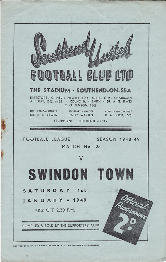 <b>Saturday, January 1, 1949</b><br />vs. Southend United (Away)